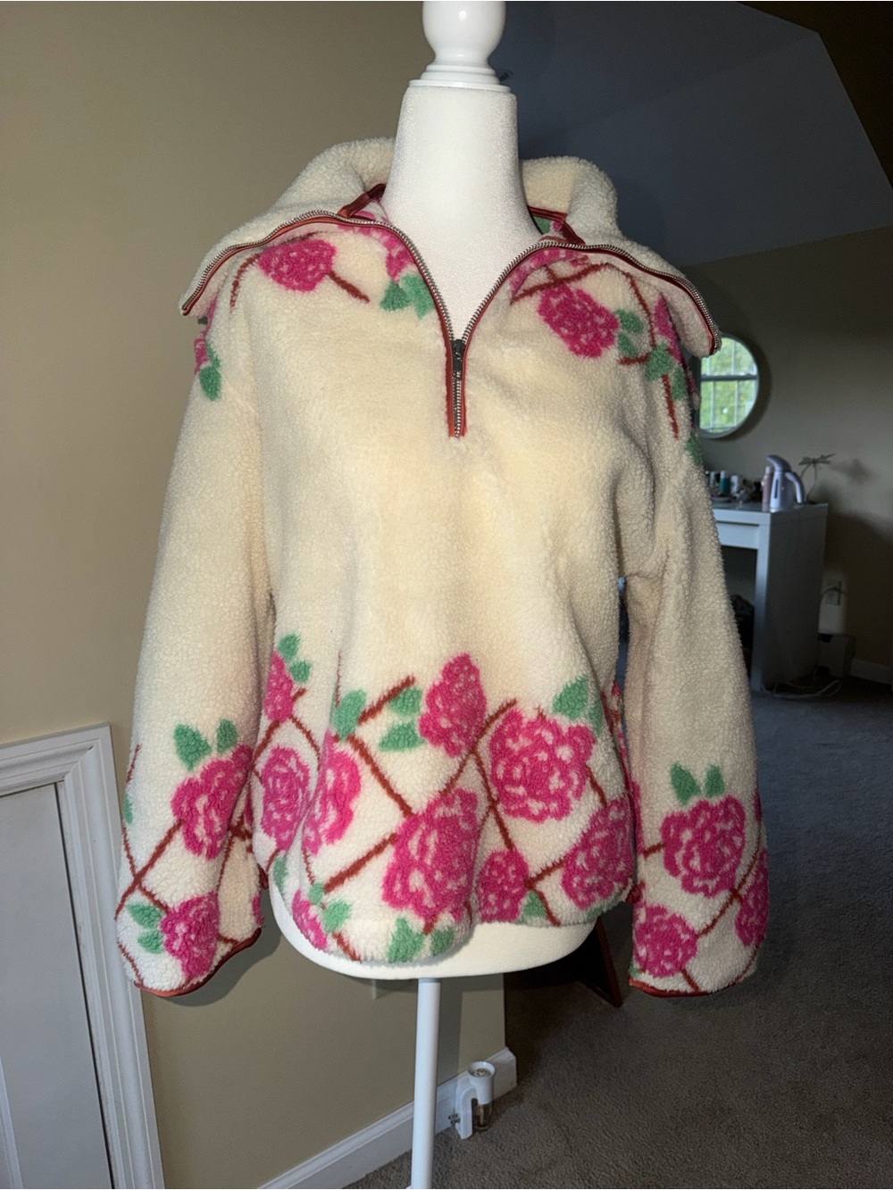 Cream Floral Sherpa Pullover Jacket with Pink Rose Print